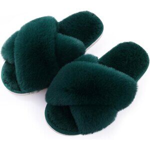 Women's Blue Fuzzy Cross Band Memory Foam Open-Toe House Slippers